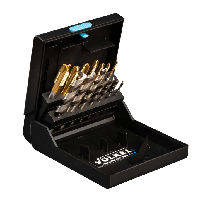 Machinetappen HSSE TiN (set van 14 stuks) incl. spiraalboren DIN 371 VormB M3-M12